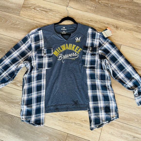 Reworked Milwaukee Brewers Flannel Upcycle Shirt Oversized unisex up to size XL - Picture 3 of 6